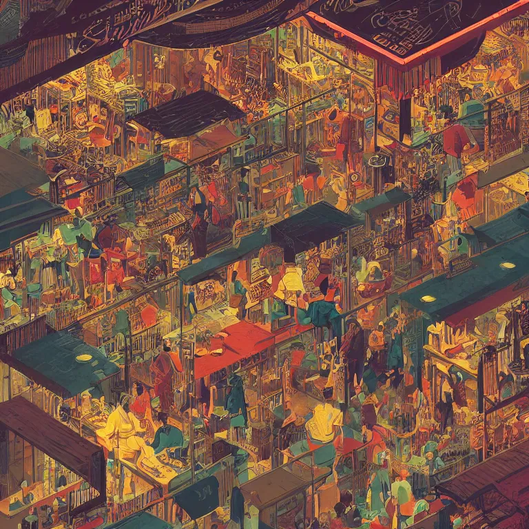 Prompt: isometric view illustration of a very lively bar neighborhood , highly detailed, end of the day, by Victo Ngai and Bruce Pennington