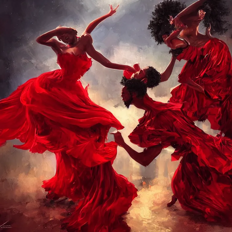 Prompt: beautiful painting of black man and a female devil in red dress are dancing together by Wlop, fantasy matte painting, golden ratio, trending on cgsociety, cinematic, trending on artstation, highly detailed, vibrant