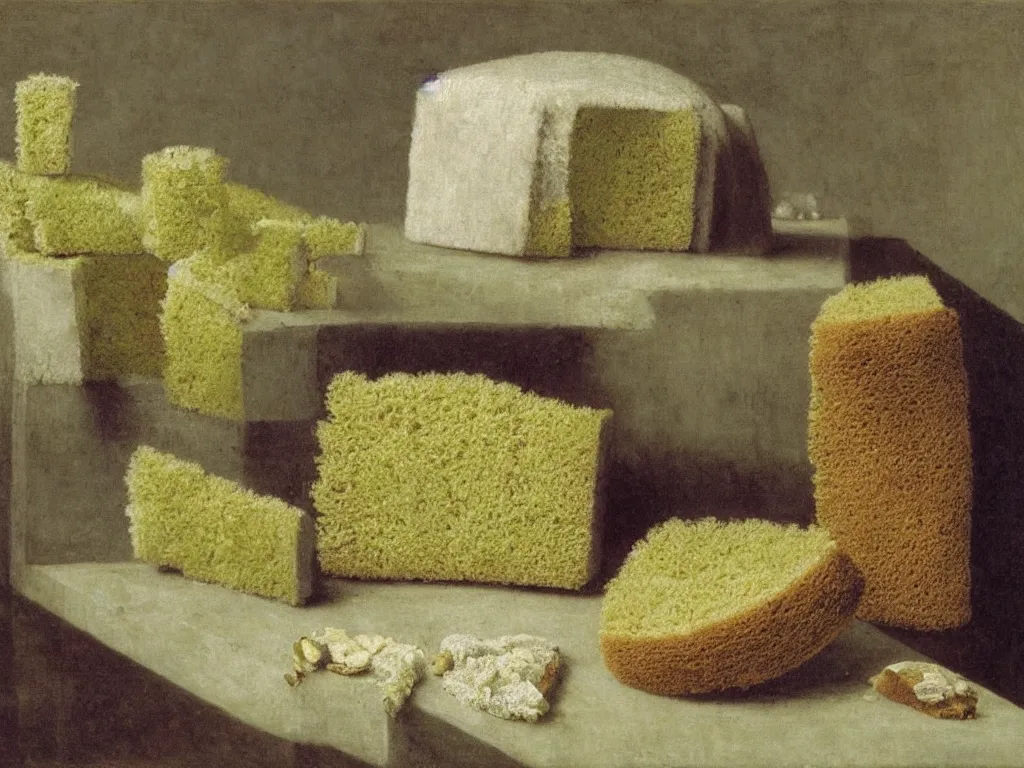Prompt: still life with fluffy, giant diaphanous green sponge - like mold raising out of an old bread. painting by henri fantin - latour, max ernst, agnes pelton, morandi, walton ford