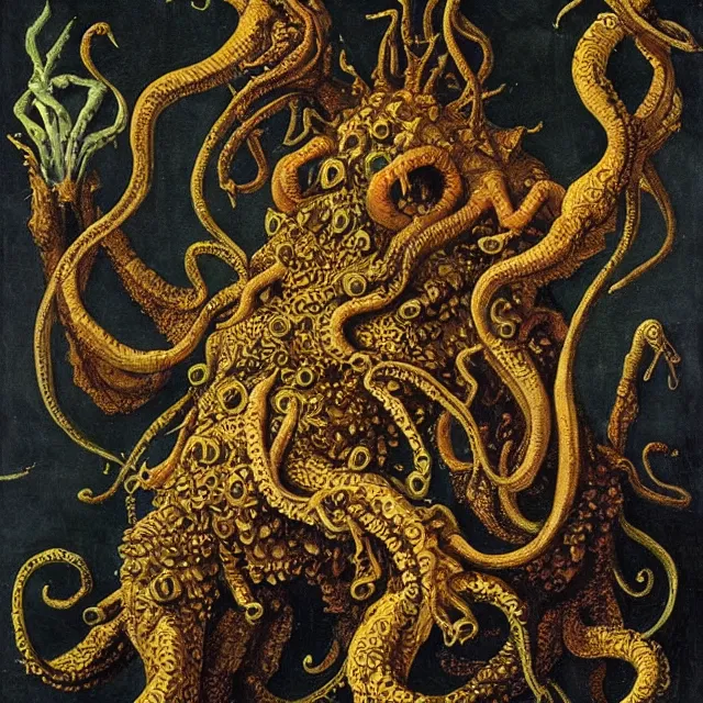 Image similar to a cthulhu monster, flemish baroque painting by jan van kessel the younger, black background, intricate high detail masterpiece