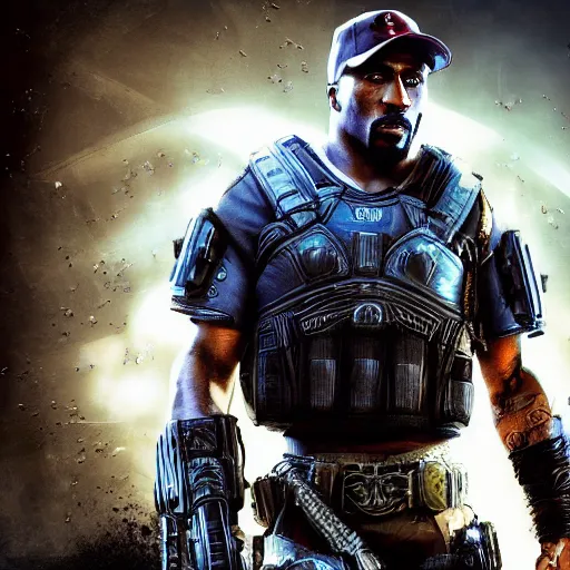 Image similar to Portrait of tupac shakur in Gears of War, splash art, movie still, cinematic lighting, dramatic, octane render, long lens, shallow depth of field, bokeh, anamorphic lens flare, 8k, hyper detailed, 35mm film grain