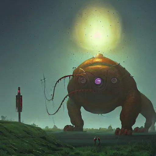 Prompt: giant creature lurking over a cowering smaller creature, in the foreground a small town, epic science fiction horror by Simon Stalenhag and Mark Brooks, extremely detailed