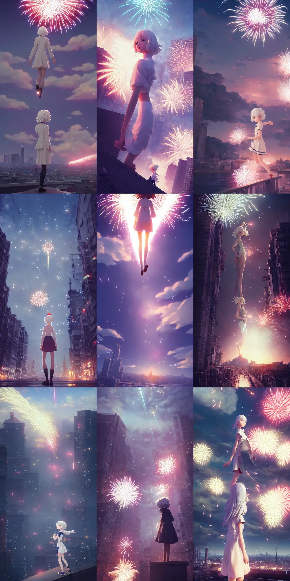 Prompt: firework in the sky, white hair girl, by kyoto animation, insanely detailed. instagram photo, kodak portra. by wlop, ilya kuvshinov, krenz cushart, greg rutkowski, pixiv. zbrush sculpt, octane, maya, houdini, vfx. huge cityscape. cinematic dramatic atmosphere, sharp focus, volumetric lighting