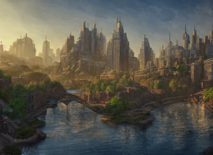 Image similar to wide shot, establishing shot of a modern day dungeons and dragons city with a river, trending on artstation, digital art, 4 k, 8 k