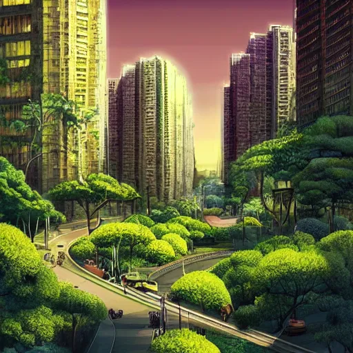 Prompt: Beautiful city of the future, overgrown with trees and plants. Warm soft colour scheme. Grainy and rough. Beautiful artistic digital artwork by artist Lurid. (2022)