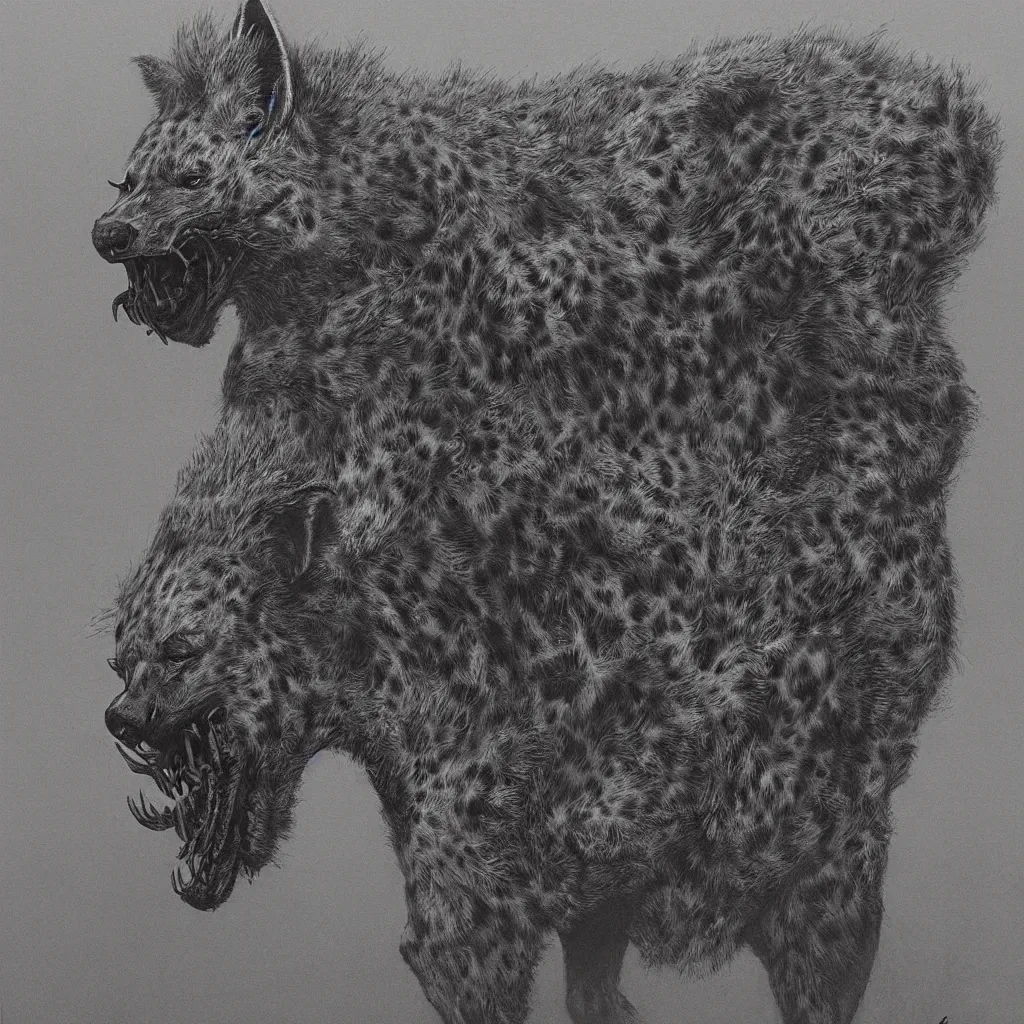 Image similar to demonic and deformed hyena, in the style of zdislaw beksinski