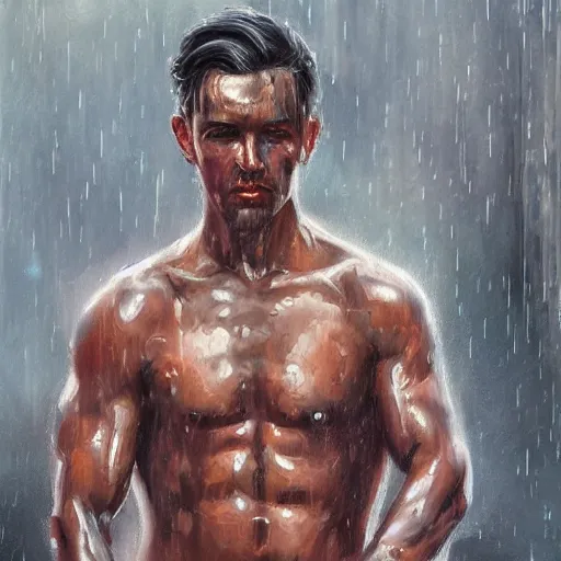 Image similar to a beautiful toned man in the rain, aesthetic, oil painting, pale colors, high detail, 8 k, wide angle, trending on artstation,