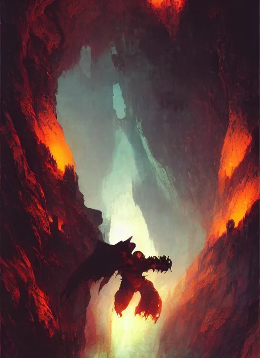 Image similar to balrog in a vast cavern, intricate, elegant, highly detailed, vivid colors, john park, frazetta, sparth, ruan jia, jeffrey catherine jones