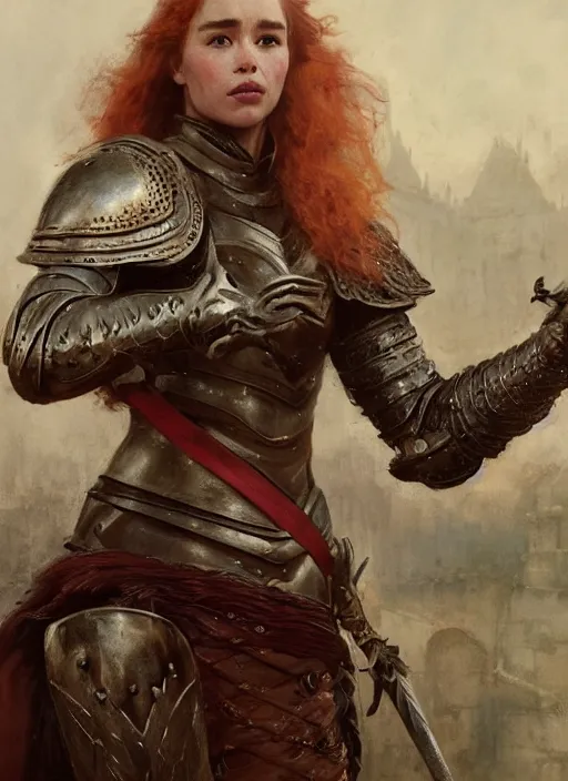 Prompt: short muscular redheaded woman wearing realistic medieval armour, emilia clarke, detailed by gaston bussiere, bayard wu, greg rutkowski, giger, maxim verehin, greg rutkowski, masterpiece, sharp focus, cinematic lightning