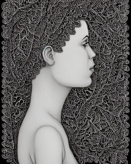 Prompt: a woman's face in profile, made of intricate decorative lace leaves, in the style of casey weldon, dark and moody