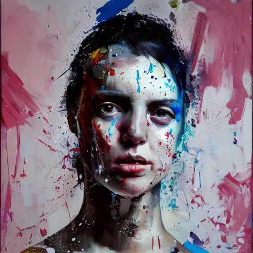 Image similar to portrait of a woman, paint spit on canvas, by alexa meade and lee ellis, highly detailed, sharp, in focus, matte painting, mixed media