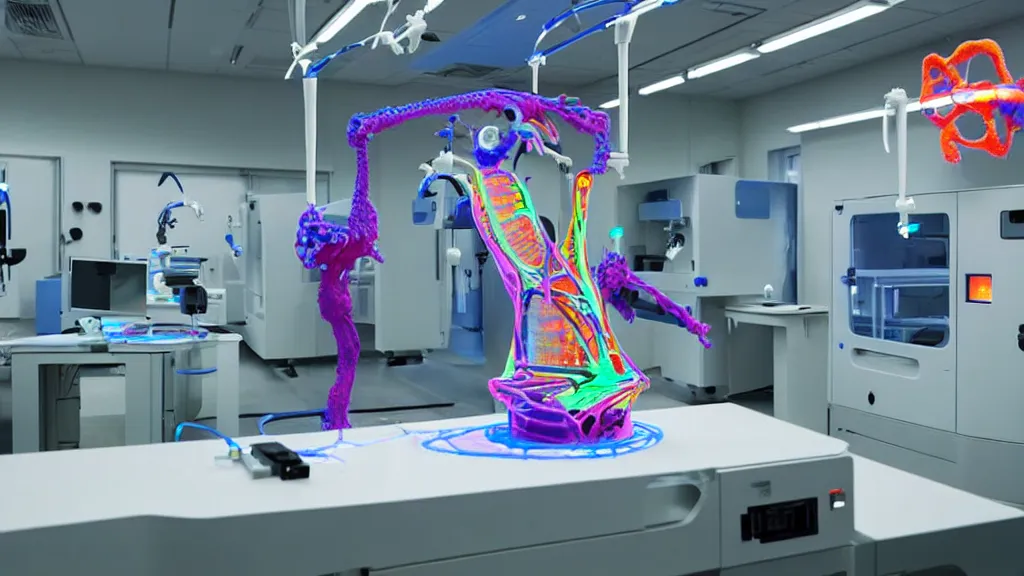 Image similar to a complex bifurcated surgical arm hybrid mri 3 d printer machine making colorful mutant forms with control panels in the laboratory inspection room, film still from the movie directed by denis villeneuve with art direction by salvador dali, wide lens