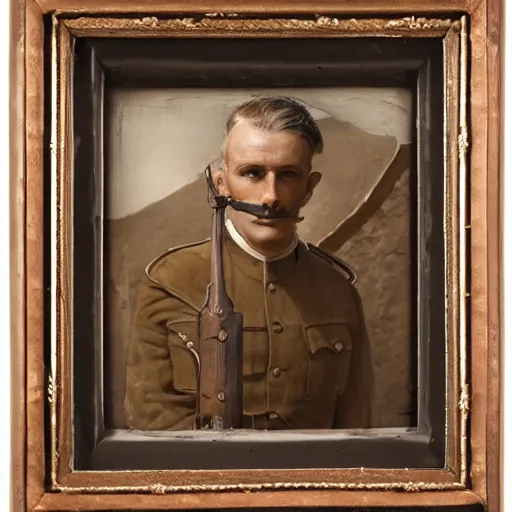 Image similar to a detailed photorealistic sepia - toned color portrait painting of a 1 9 1 7 worried clean - shaven british lieutenant in field gear in north arabia examining an ancient clay cylinder ultra realistic, intricate details, atmospheric, dark, horror, brooding, highly detailed, by clyde caldwell