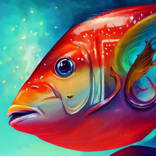 Prompt: colorful and festive captivating fish with chocolate. rich vivid colors, ambient lighting, dynamic lighting, 4 k, atmospheric lighting, painted, intricate, highly detailed by charlie bowater