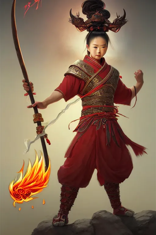 Image similar to cute nezha, highly detailed, man holding spear, flame everywhere, epic pose, masterpiece chinese fantasy character portrait, highly detailed, digital painting, trending on artstation, concept art, sharp focus, illustration, global illumination, ray tracing, realistic shaded, art by artgerm and greg rutkowski and fuji choko and viktoria gavrilenko and hoang lap