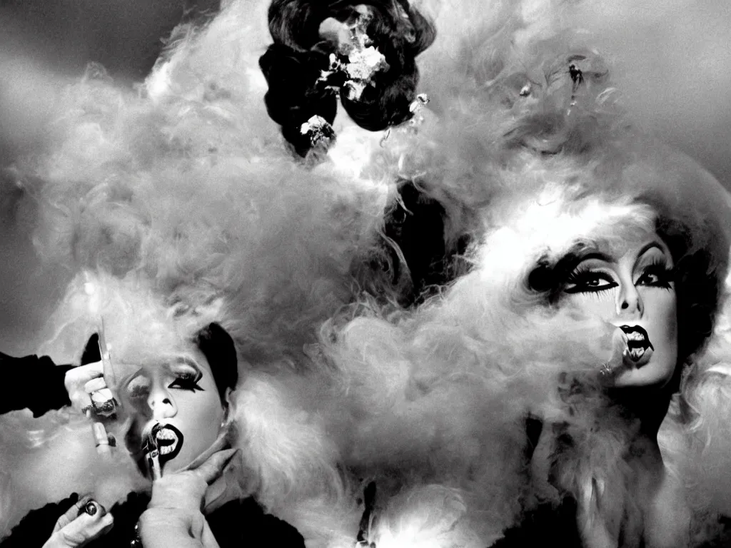 Image similar to Glamorous drag queen with heavy makeup and a big wig smoking a cigarette in a Federico Fellini film, lighting, highly detailed, cinematic