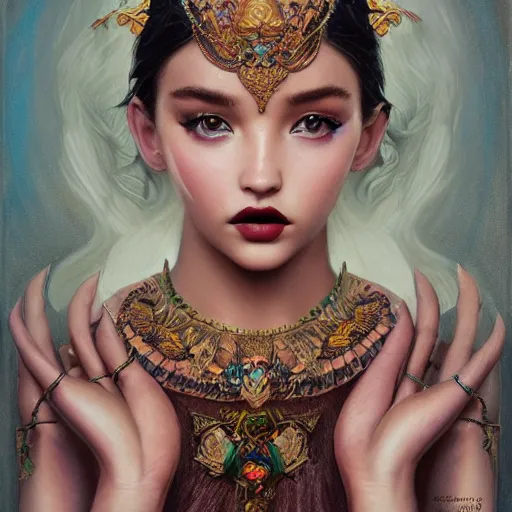 Image similar to tom bagshaw portrait, beautiful asian mix of dove cameron madison beer bella poarch in a full dress body, water goddess queen makeup and ornamentals, professionally retouched, focus eyes, ultra realistic soft painting, insanely detailed linework, symmetrical accurate intricate features, behance, 8 k