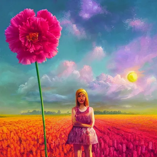 Image similar to giant carnation flower face, girl in a flower field, surreal photography, sunrise dramatic light, impressionist painting, colorful clouds, digital painting, artstation, simon stalenhag, flower face