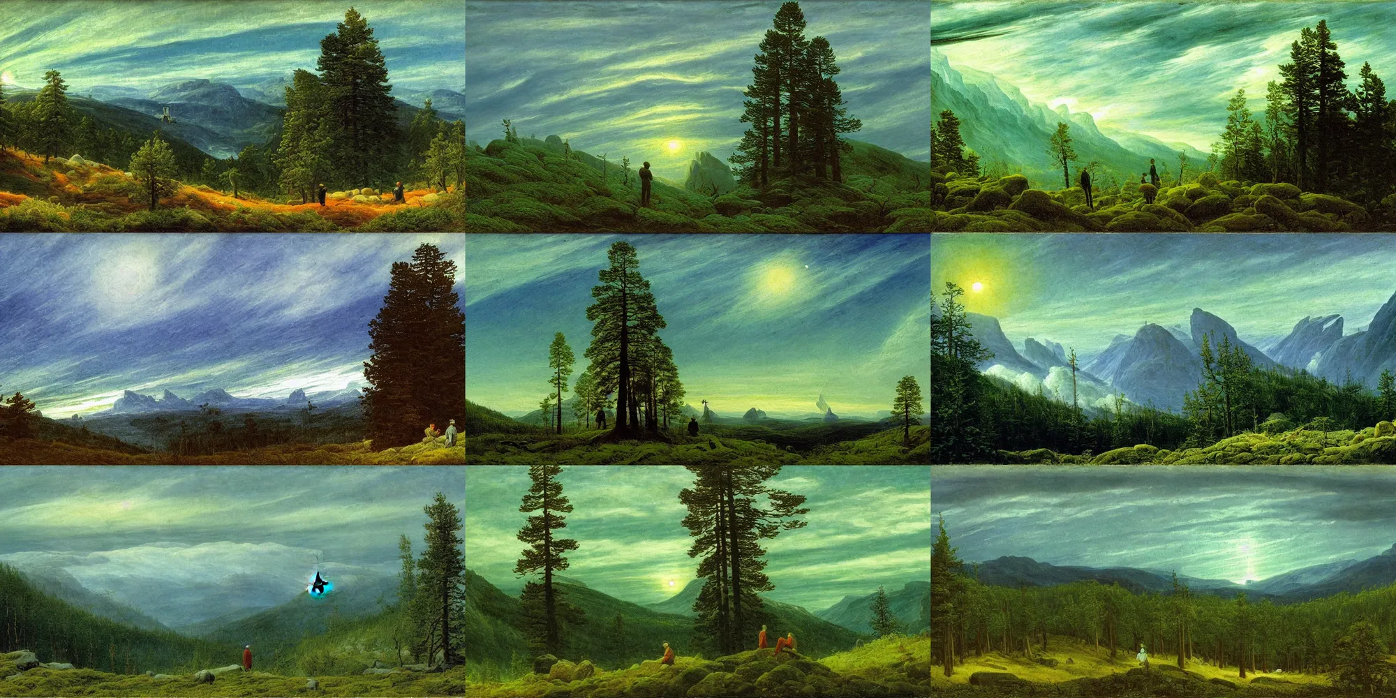 Prompt: norway wildland, green coniferous forest, a ufo in clouds, caspar david friedrich