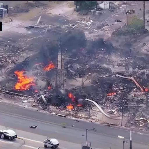 Image similar to bleve explosion, 2 4 0 p footage, 2 0 0 6 youtube video, helicopter footage over city, gas station explosion