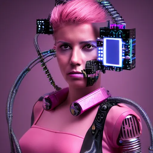 Image similar to portrait of a mexican woman with pink hair as a cyberpunk cyborg half robot, revealing wires and electronics, circuit boards, wire management, sci - fi, missing panels, intricate abstract upper body intricate artwork, concept art, octane render, deviantart, cinematic, key art, hyperrealism, iridescent accents, portrait photograph, nikon 3 5 mm, photograph by greg rutkowski