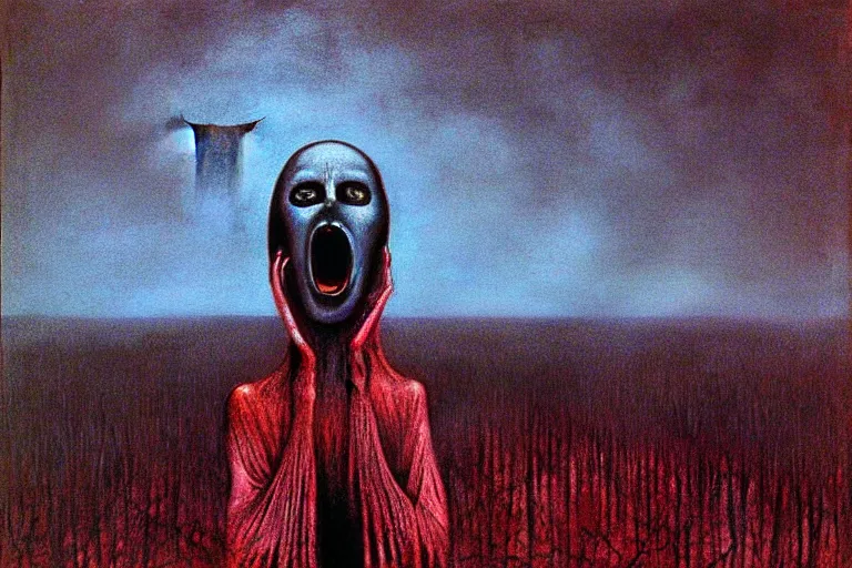 Prompt: the scream by zdzislaw beksinski, gothic, surrealism, vibrant colors