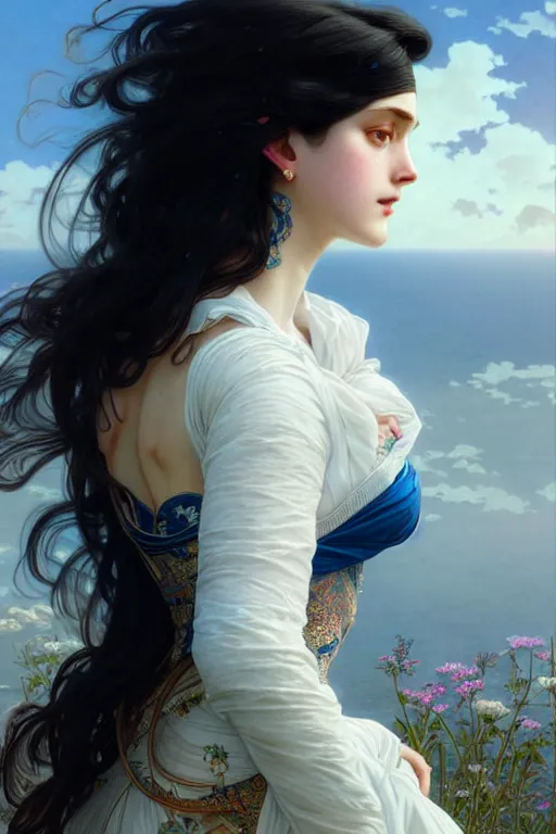 Image similar to ultra realistic, Beautiful black haired woman, Porcelain white complexion, big blue eyes, wearing dress blowing in the wind, detailed background, intricate details, highly detailed, octane render, 8k, art by artgerm and alphonse mucha and greg rutkowski