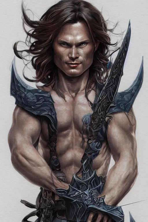 Image similar to face and torso portrait of pretty muscular sam winchester as a dark mage warrior tattooed, d & d!, fantasy style, sharp focus!, ultra detailed, art by artgerm and peter andrew jones, wlop