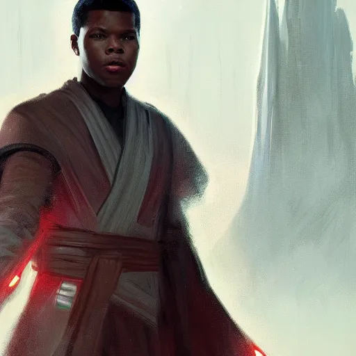 Image similar to portrait of a man by greg rutkowski, young jedi kinght that looks like john boyega, wearing jedi robes, star wars expanded universe, he is about 3 0 years old, highly detailed portrait, digital painting, artstation, concept art, smooth, sharp foccus ilustration, artstation hq