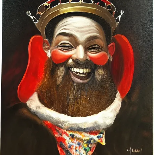 Prompt: man with red eyes and a crown grinning, oil painting