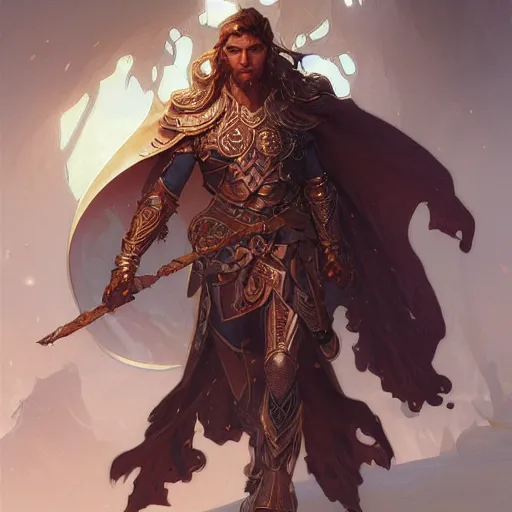 Prompt: full portrait of beautiful male paladin elf man with wavy dark hair, intricate, elegant, highly detailed, digital painting, artstation, concept art, smooth, sharp focus, illustration, art by Krenz Cushart and Artem Demura and Alphonse Mucha,