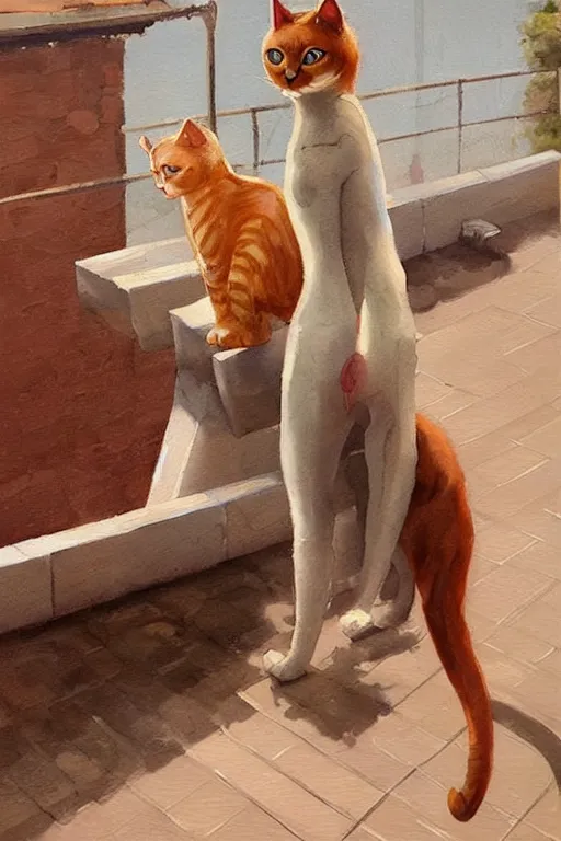 Prompt: a fullbody pose of humanoid cat, beautiful clean oil painting a anthropomorphic cat in a cats city from the top of a roof pinterest, artstation trending, behance, watercolor, by coby whitmore, silver, laser light