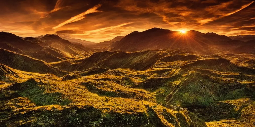 Image similar to the best landscape photo ever, very detailed, cinematic, golden hour