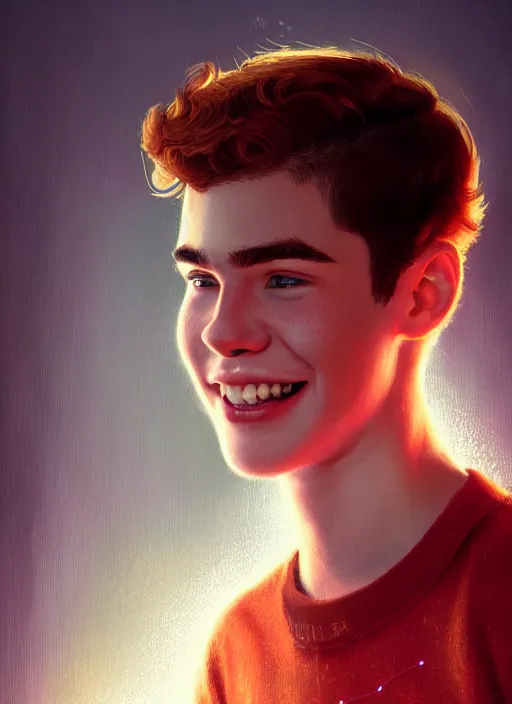 Image similar to portrait of teenage archie andrews, freckles, curly middle part haircut, curly hair, smiling kindly, intricate, elegant, glowing lights, highly detailed, digital painting, artstation, concept art, smooth, sharp focus, illustration, art by wlop, mars ravelo and greg rutkowski