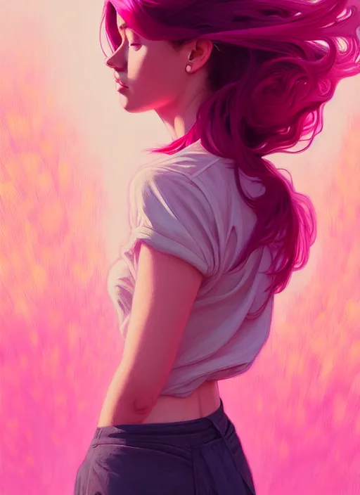 Image similar to handsome young women with shoulder length pink hair, half body shot, path traced, highly detailed, high quality, digital painting, alena aenami, lilia alvarado, shinji aramaki, karol bak, alphonse mucha, tom bagshaw