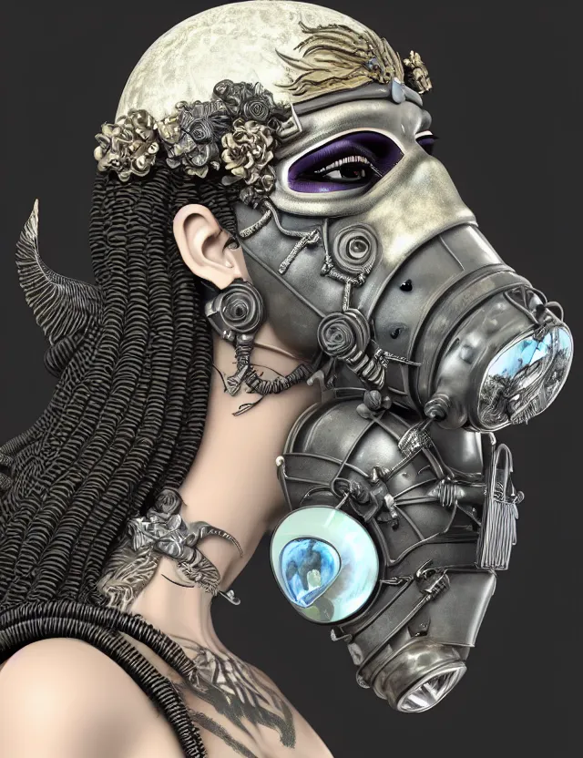 Image similar to 3 d goddess close - up profile punk portrait with vintage gas mask ram skull. beautiful intricately detailed japanese crow kitsune mask and clasical japanese kimono. betta fish, jellyfish phoenix, bio luminescent, plasma, ice, water, wind, creature, artwork by tooth wu and wlop and beeple and greg rutkowski