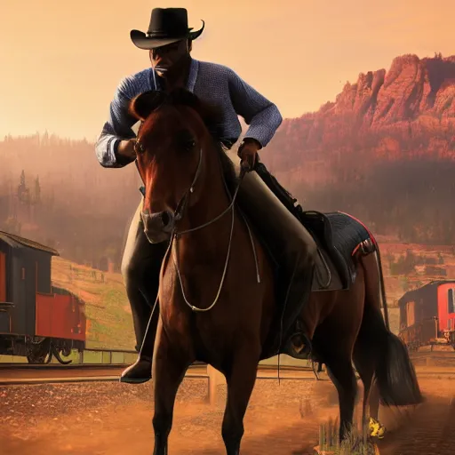 Prompt: Obama from Red Dead Redemption 2 riding a horse next to a train, ray tracing, 8k by artgerm and greg rutkowski