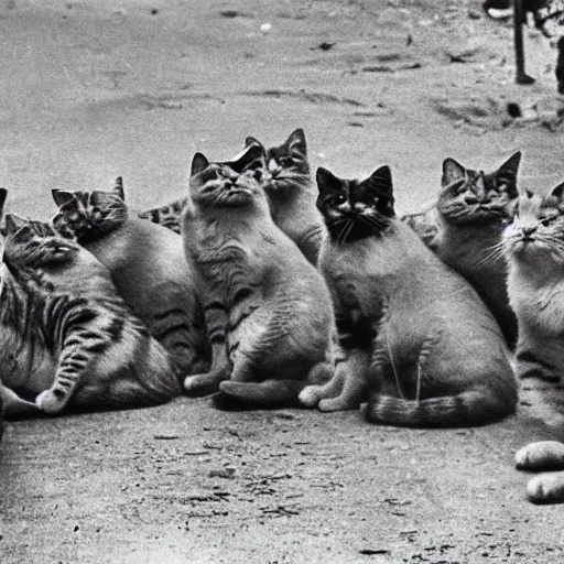 Prompt: a platoon of cats in soldier uniforms in Vietnam, photograph
