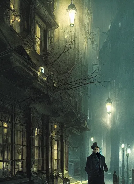 Image similar to A vampire lurks in the shadows of Victorian city in the night, illuminated by gas lamps, hyperdetailed, HD artwork from Artstation, by Greg Rutkowski and Gustav Klint