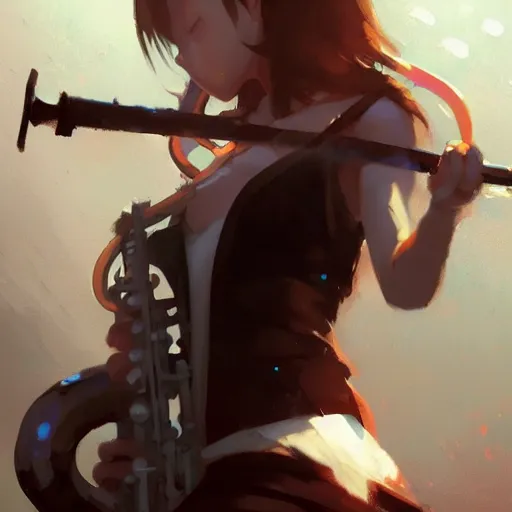 Prompt: anime girl Playing the sax instrument , digital Art, Greg rutkowski, Trending cinematographic artstation