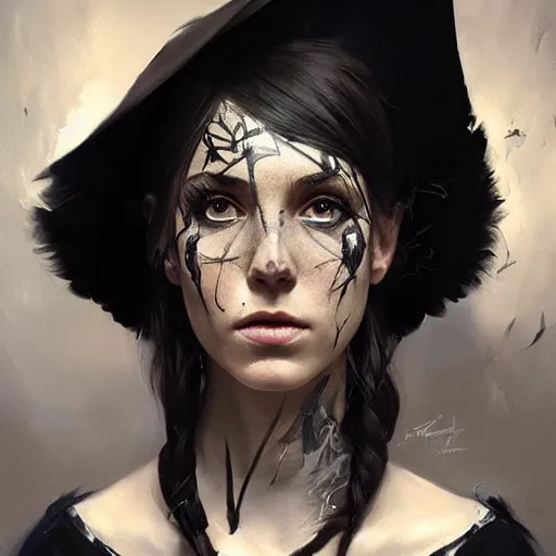 Image similar to hyper realistic portrait painting, beautifully rendered, gorgeous young witch with ceremonial markings and black feathers painted by greg rutkowski, wlop, artgerm, dishonored 2