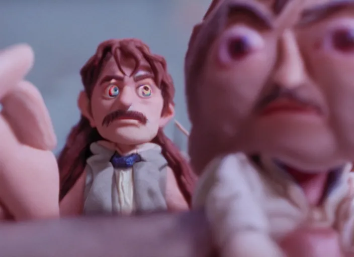 Image similar to cinematic screenshot cinestill portrait of a stop motion claymation film, the lord of the rings, shallow depth of field, 1 8 mm, f 1. 8, sharp details