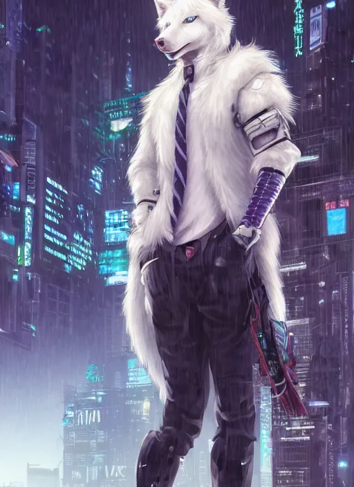 Image similar to character portrait of a male anthro albino wolf fursona with a tail and a cute beautiful attractive detailed furry face wearing stylish cyberpunk clothes in a cyberpunk city at night while it rains. hidari, color page, tankoban, 4K, tone mapping, Akihiko Yoshida.