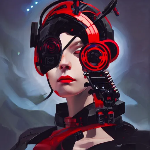 Image similar to potrait of a cyborg with black and red robotic parts, medium shot, asymmetrical, profile picture, organic painting, very anime, during night, matte painting, bold shapes, hard edges, street art, trending on artstation, by huang guangjian and gil elvgren and sachin teng