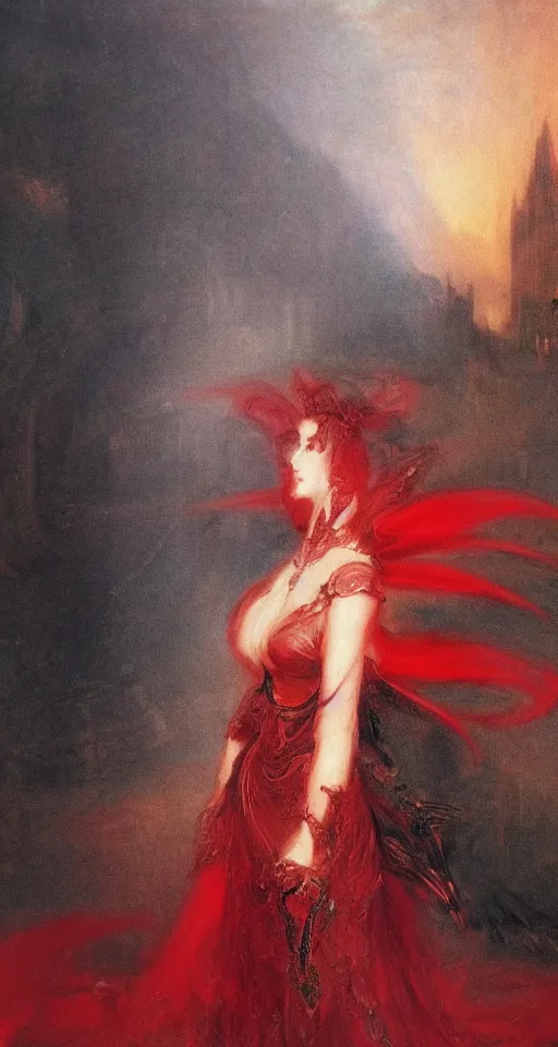 Prompt: Gothic princess in dark and red dragon armor on a neoclassical city. By Joseph Mallord William Turner, fractal flame, highly detailded