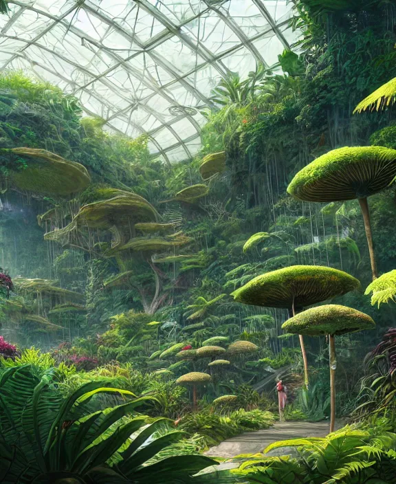 Image similar to an enormous conservatory greenhouse exterior, overgrown with exotic fungus, overgrown with huge ferns, cliff side, noon, sun drenched, partly cloudy, by dan mumford, yusuke murata, makoto shinkai, ross tran, cinematic, unreal engine, cel shaded, featured on artstation, pixiv