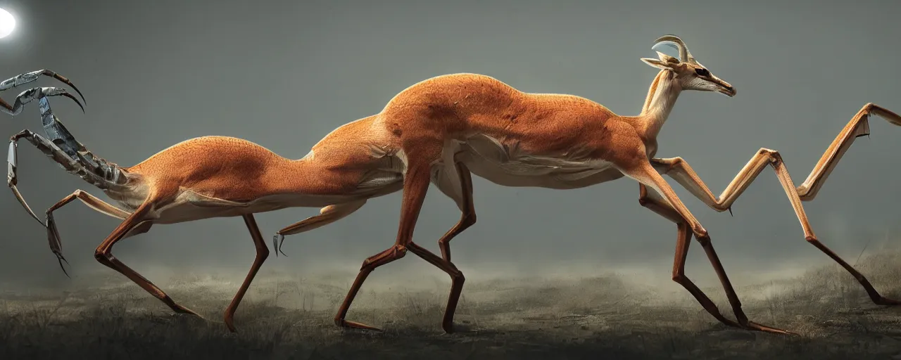 Prompt: creature design, a gazelle with crustacean carapace, crab picers, palp eyes, cryptid, cinematic lighting, octane render, cinematic aura lighting, atmospheric, photorealistic, hyperdetailed 3 d matte painting, hyperrealism, hyperrealistic