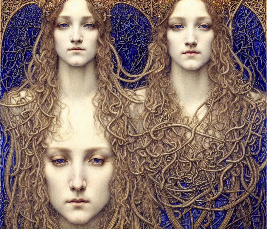 Image similar to detailed realistic beautiful young medieval queen face portrait by jean delville, gustave dore and marco mazzoni, art nouveau, symbolist, visionary, gothic, pre - raphaelite. horizontal symmetry