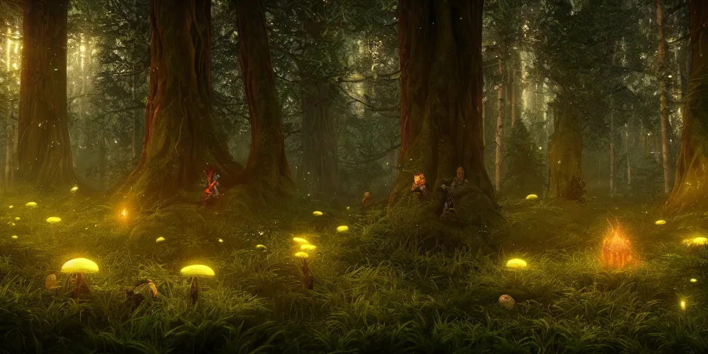 Image similar to the magical and mystical forest of vanaheim, scandinavian / norse influenced with magic mushrooms and glowing fireflies, cinematic, ray traced, octane render, cinematic lighting, ultrarealistic, featured on artstation, 8 k uhd artwork