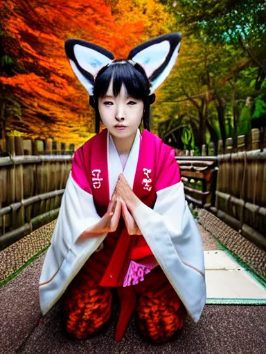 Prompt: full - color instagram photo of a cute young japanese girl cosplaying as a kitsune goddess doing a ritual dance in a windy inari shinto shrine in kyoto full of autumn leaves. she has fox - ears, a fox - tail, hands that are fox - paws, sharp fox - teeth, and a fox - nose. highly - detailed ; professional portrait photography.